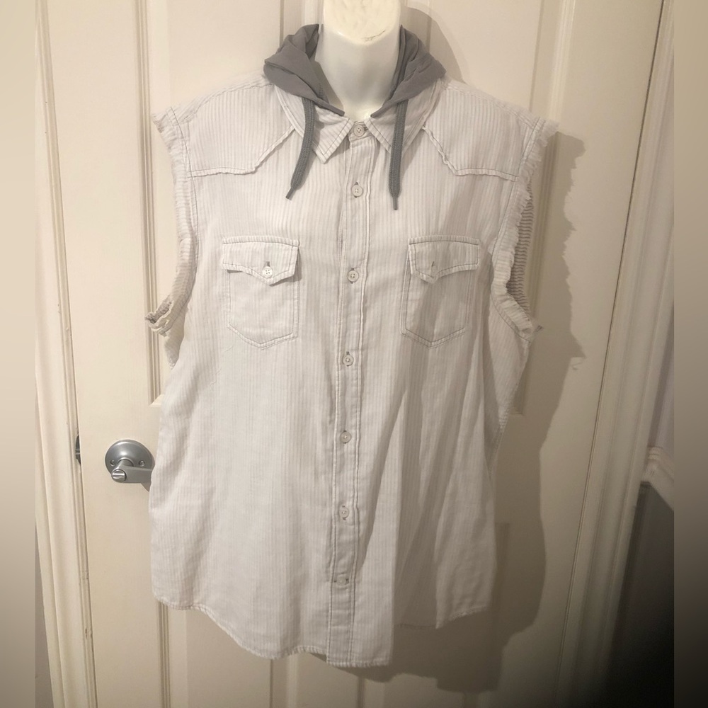 G by Guess Striped Hooded Shirt in White and Light Gray